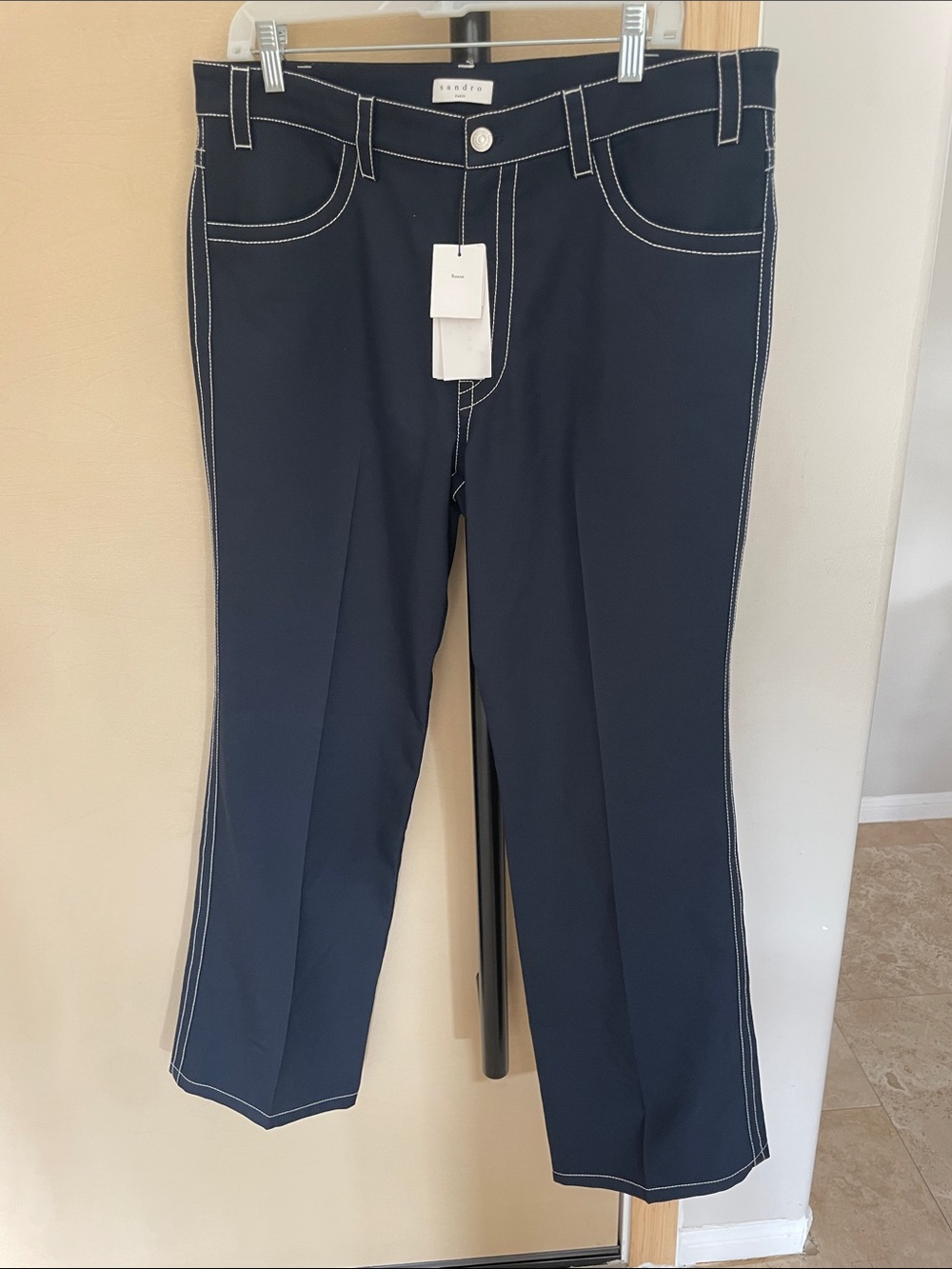 Sandro Navy Trousers with White Contrast Stitching